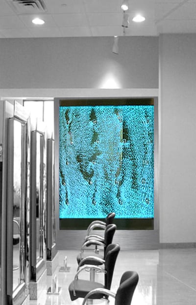 A large window with a blue screen on it