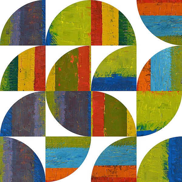 A painting of colorful circles and squares in different colors.