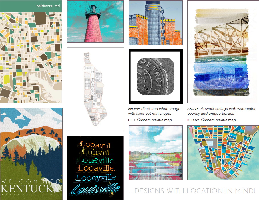 A collage of art with the words " designs with location in it ".