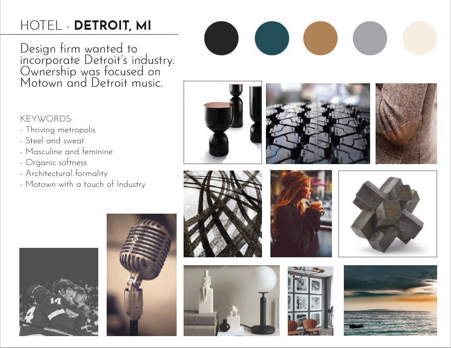 A page of color samples and images for detroit. Mi