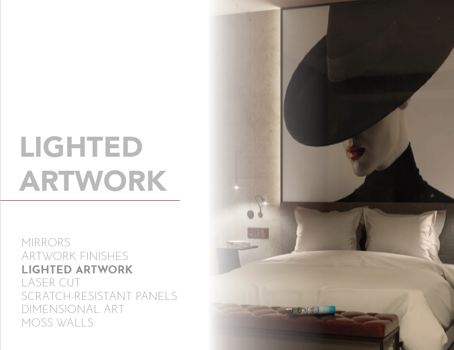 A large painting of a bedroom with the words lighted artwork on it.
