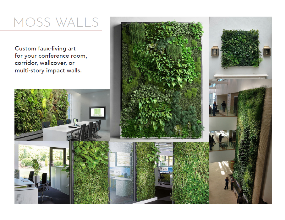 A collage of different pictures with moss walls.